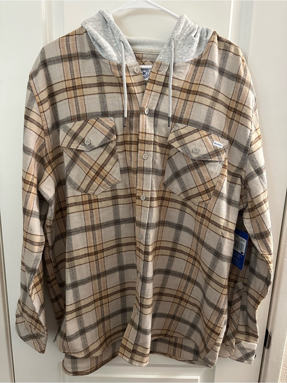 Hurley Beige, Gray and Brown Plaid Hooded Button-Down Shirt